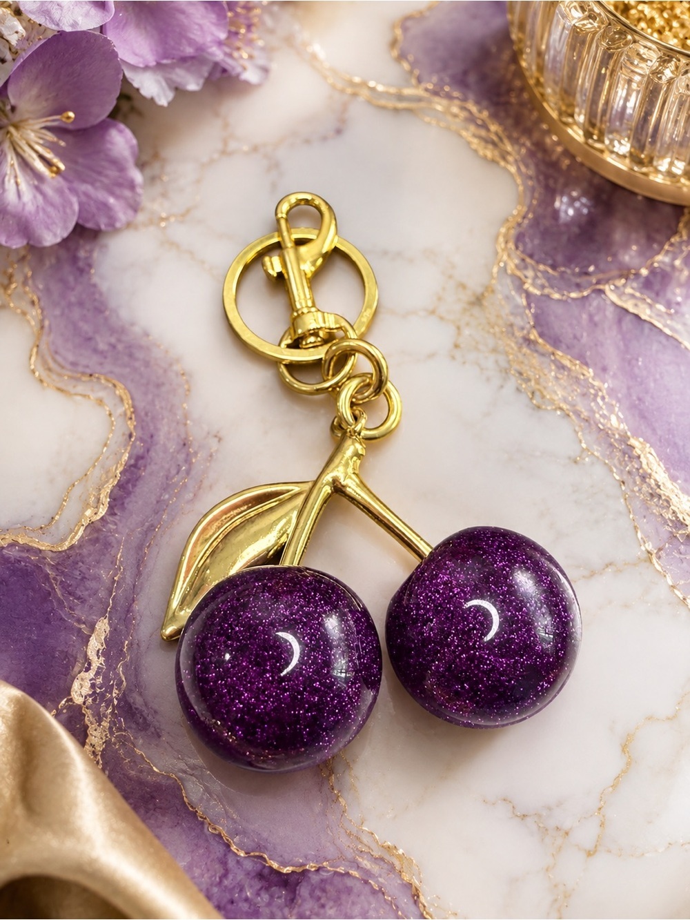 Purple Glitter Cherry Bag Charm Keychain | Gold Tone Statement Purse Charm